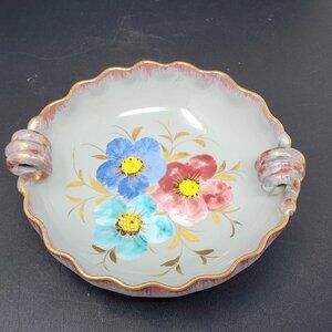 Hand Painted Signed Italian Ceramic Bowl Flowers Ruffled Purple Gold 6" VTG MCM